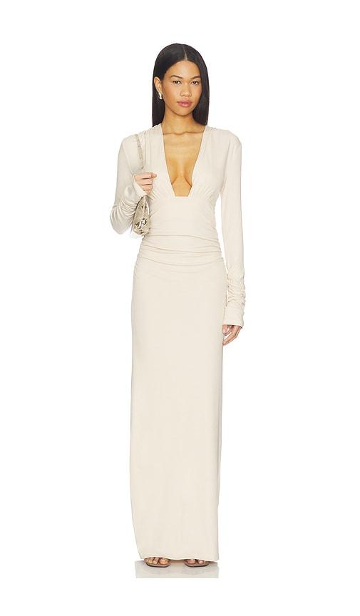 sndys foxx long sleeve maxi dress in cream.