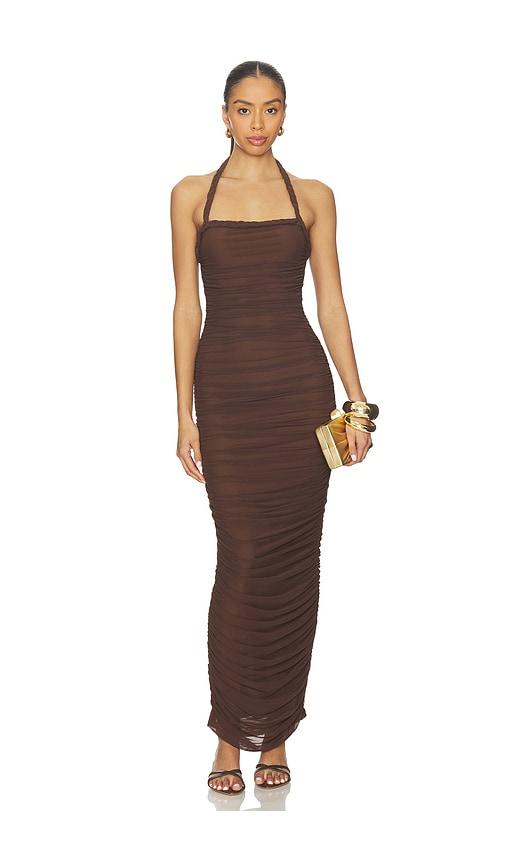 sndys gianna ruched halterneck maxi dress in chocolate.