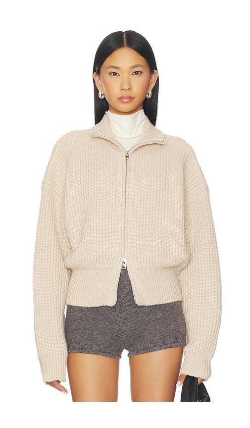 sndys haze zip sweater in beige.
