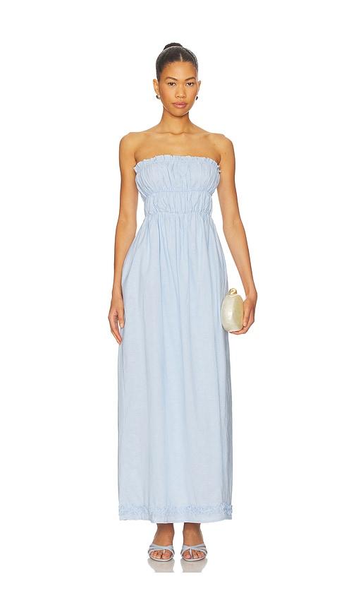 sndys ines strapless maxi dress in baby blue.