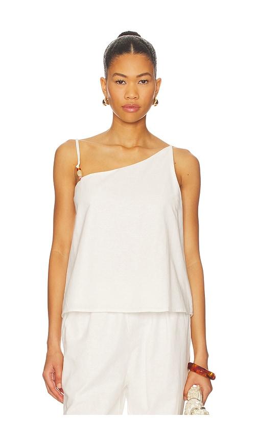 sndys ismene one shoulder top in white.
