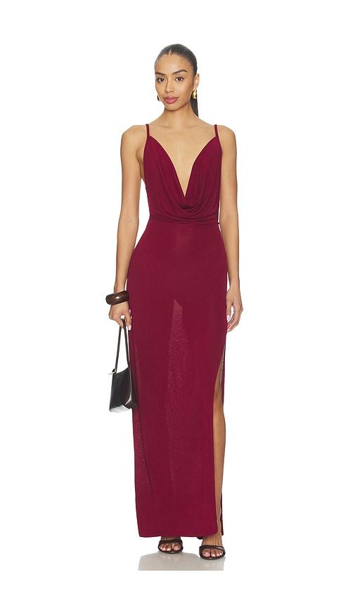 sndys joy maxi dress in burgundy.