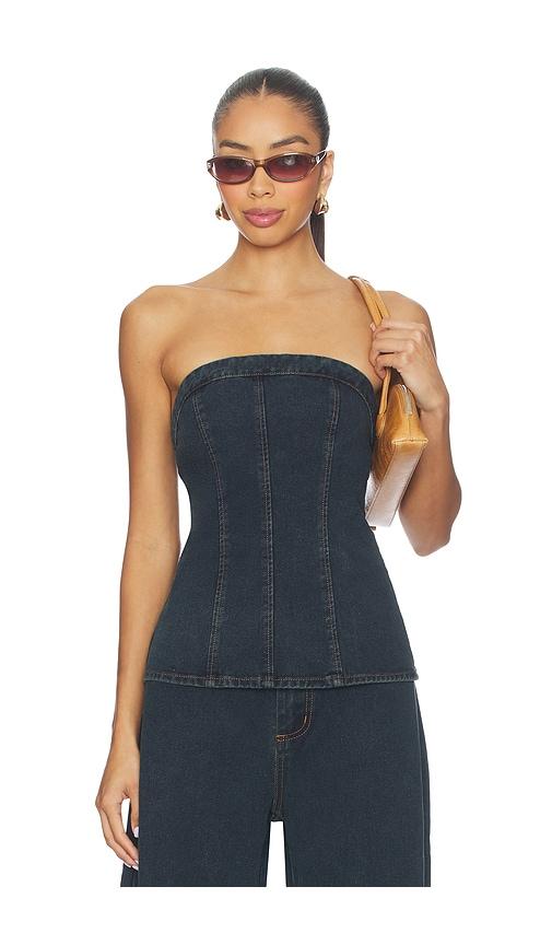 sndys lex denim corset top in blue.