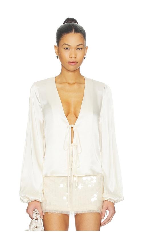 sndys lucille tie front long sleeve top in ivory.