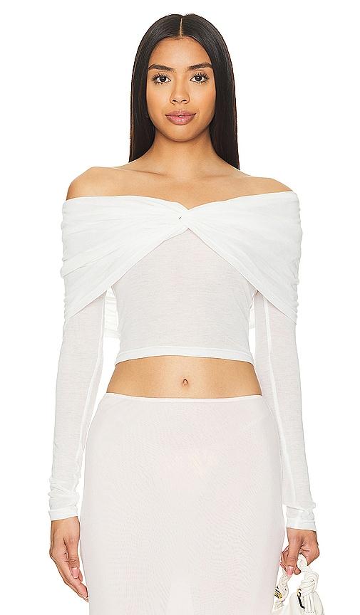 sndys madrid off shoulder top in white.