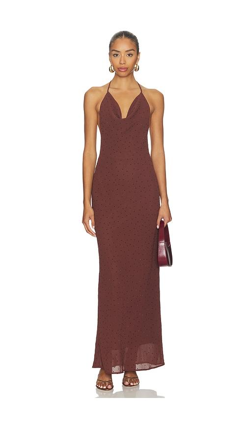 sndys nadene diamante halter maxi dress in wine.