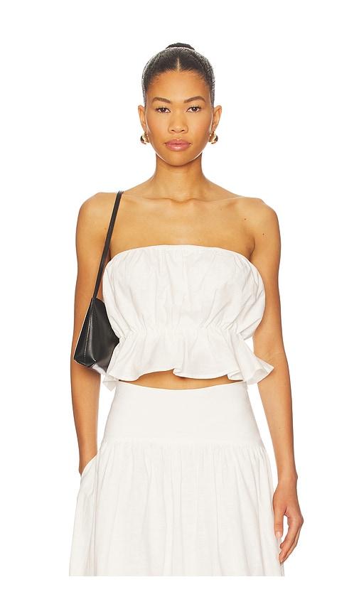 sndys nesa strapless top in white.