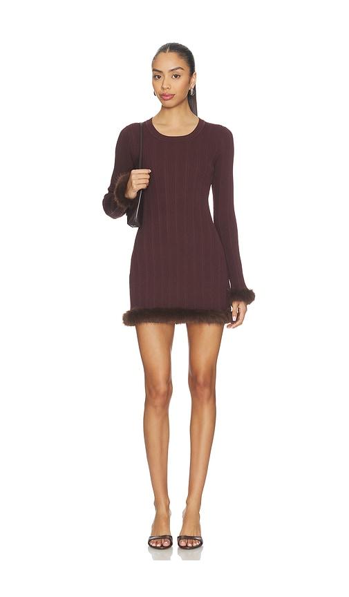 sndys pearse faux fur mini dress in brown.