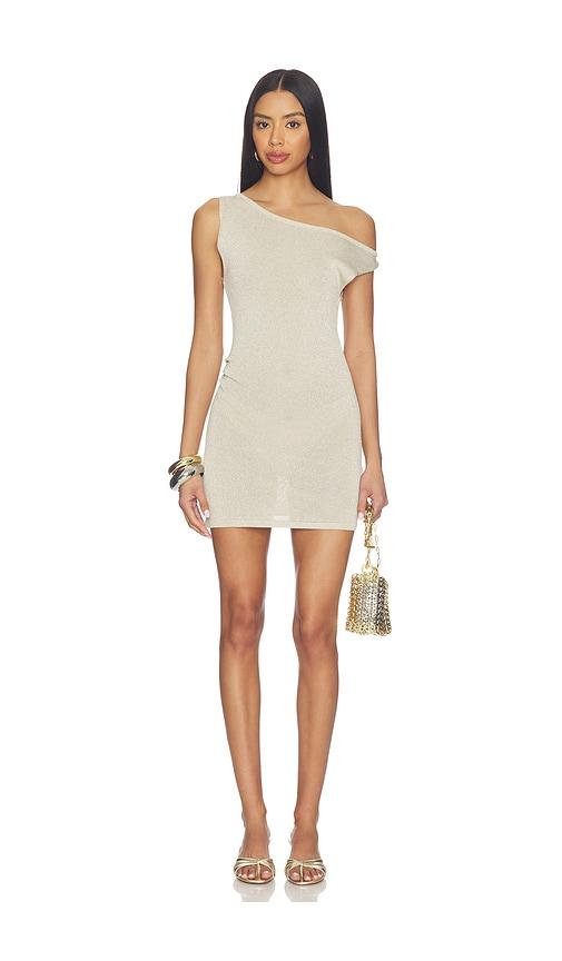 sndys rahni shimmer knit mini dress in beige.