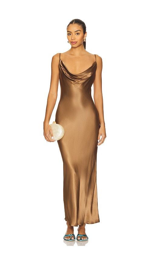 sndys skin maxi dress in metallic bronze.