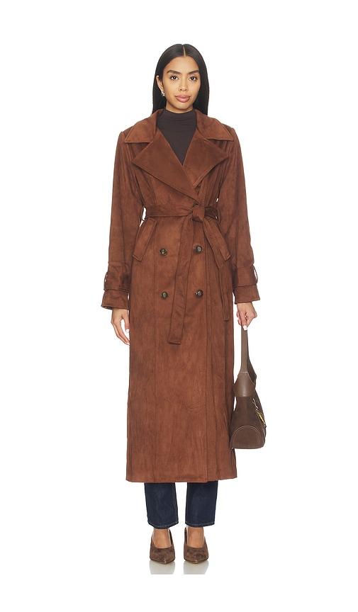 sndys sutton faux suede trench coat in brown.