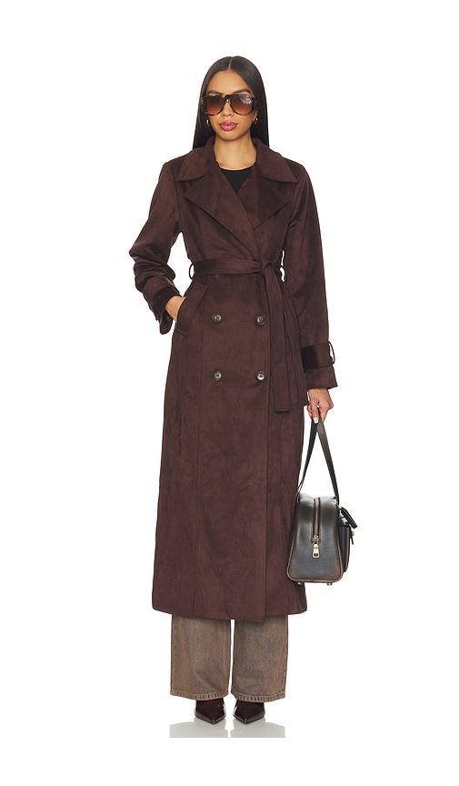 sndys sutton faux suede trench coat in chocolate.
