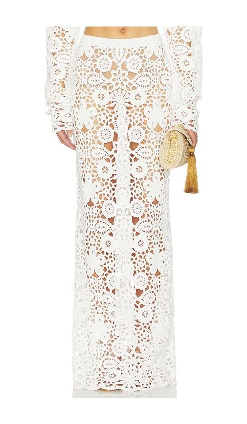 sndys tala crochet maxi skirt in white.