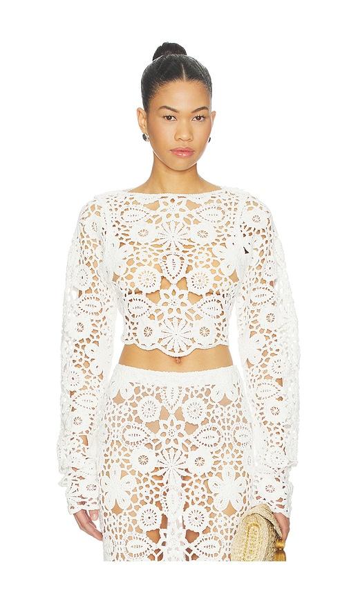 sndys tala crochet top in white.