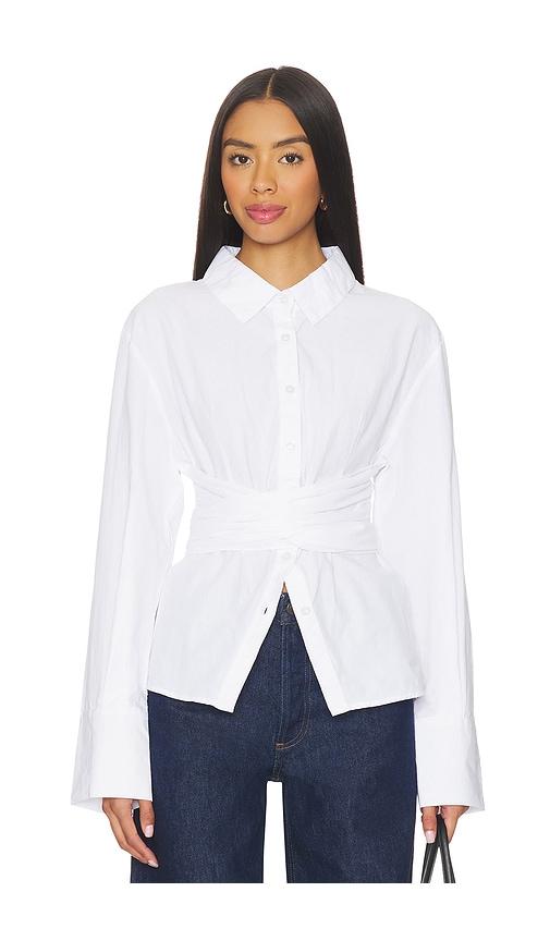 sndys teigan cinched button shirt in white.