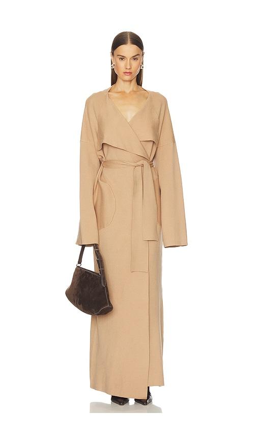 sndys tia maxi cardigan in tan.