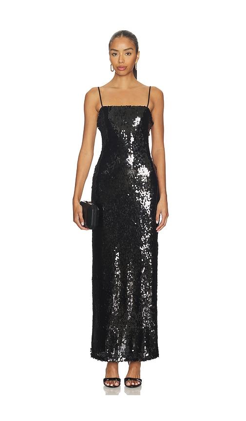 sndys tori sequin maxi dress in black.