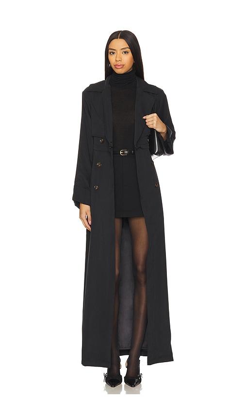 sndys victoria detachable floor length trench in black.