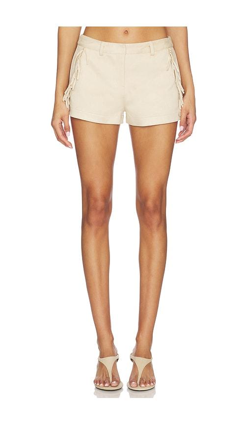 sndys wes faux suede fringe short in tan.