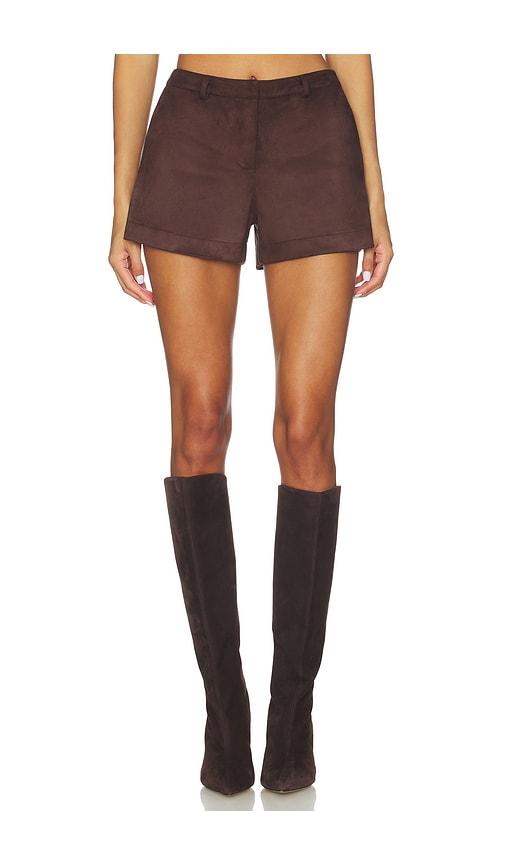 sndys woods faux suede short in chocolate.