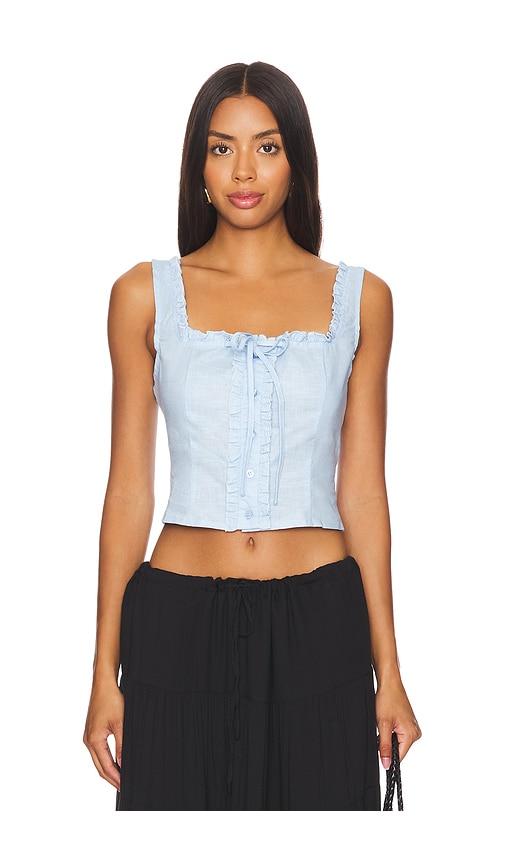 sndys x revolve cottage top in baby blue.