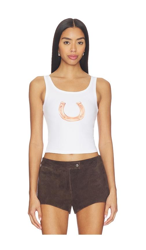 sndys x revolve horse shoe tank top in white.