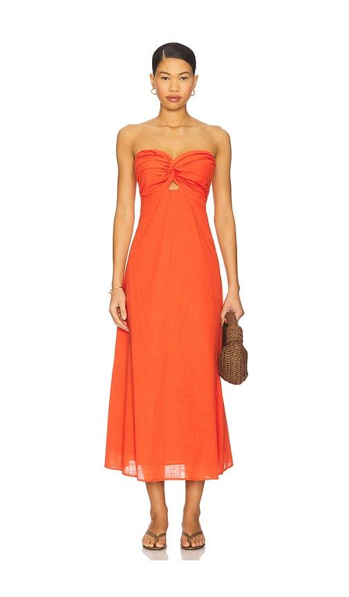 sndys x revolve lilly dress in burnt orange.