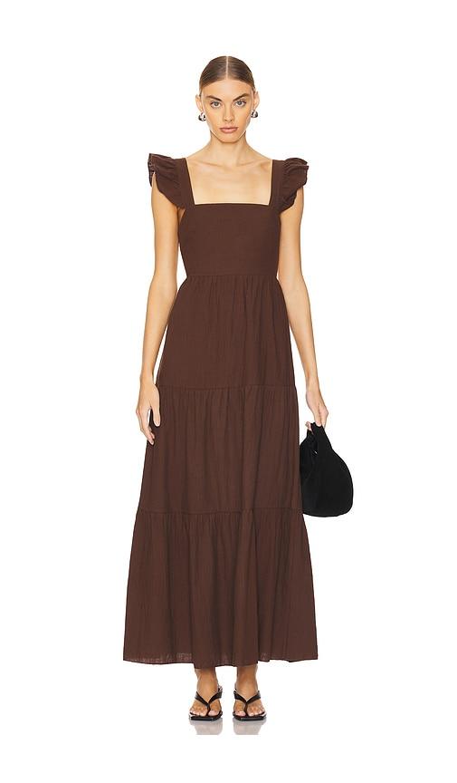 sndys x revolve peaches linen dress in chocolate.