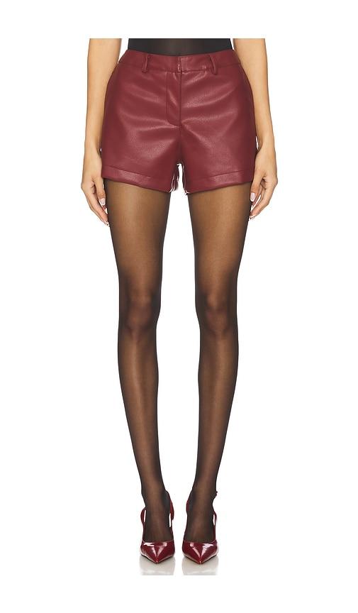 sndys x revolve wendy faux leather shorts in burgundy.