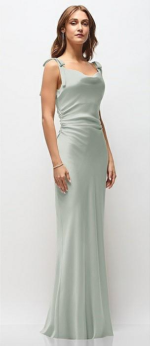 soft cowl neck ruched side satin bias maxi dress with shoulder bows