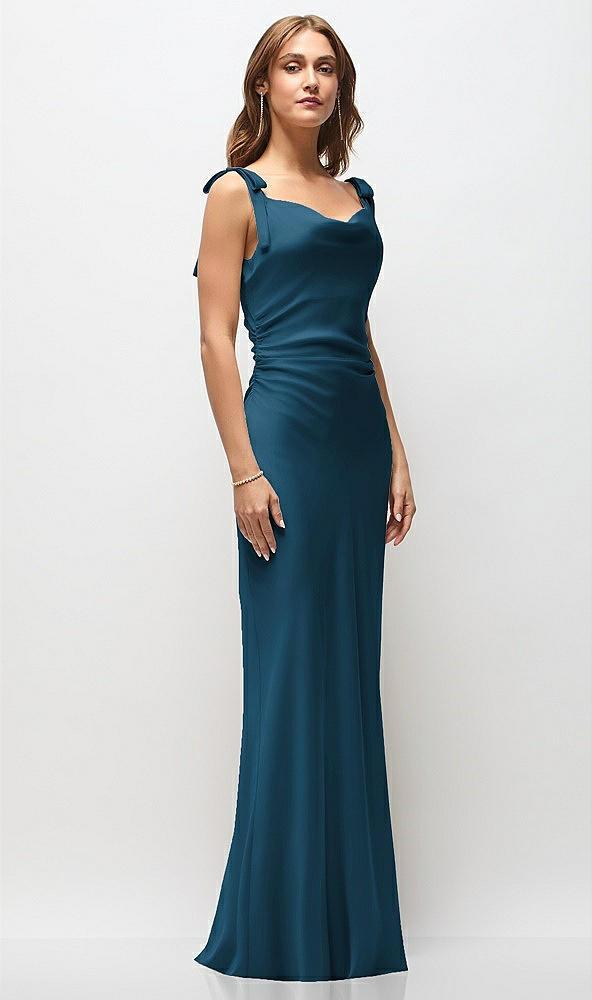 soft cowl neck ruched side satin bias maxi dress with shoulder bows