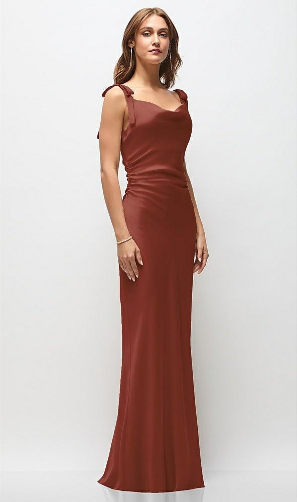 soft cowl neck ruched side satin bias maxi dress with shoulder bows