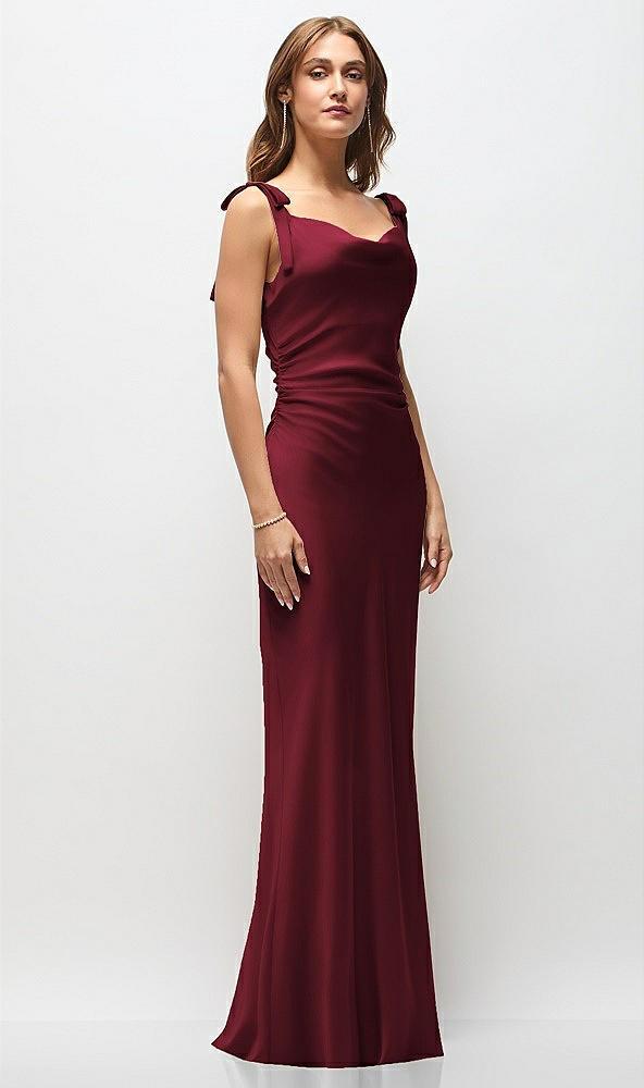 soft cowl neck ruched side satin bias maxi dress with shoulder bows