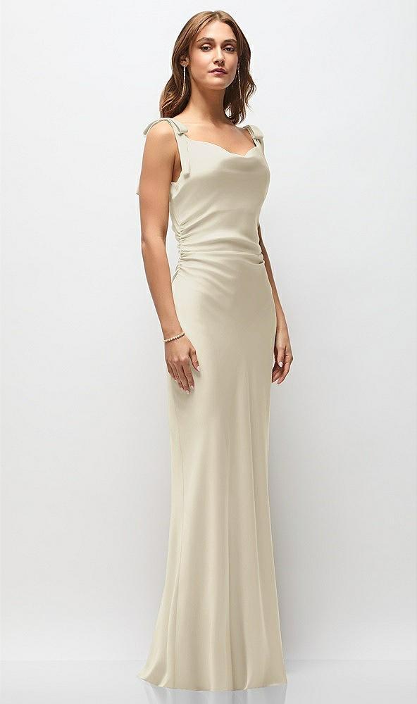 soft cowl neck ruched side satin bias maxi dress with shoulder bows