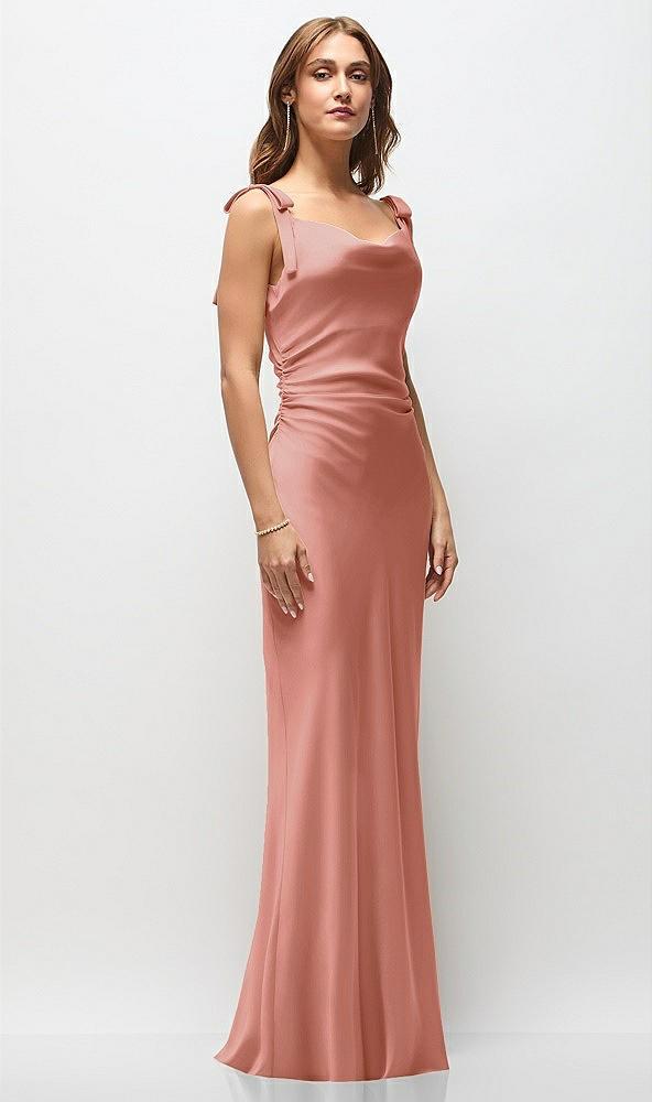 soft cowl neck ruched side satin bias maxi dress with shoulder bows