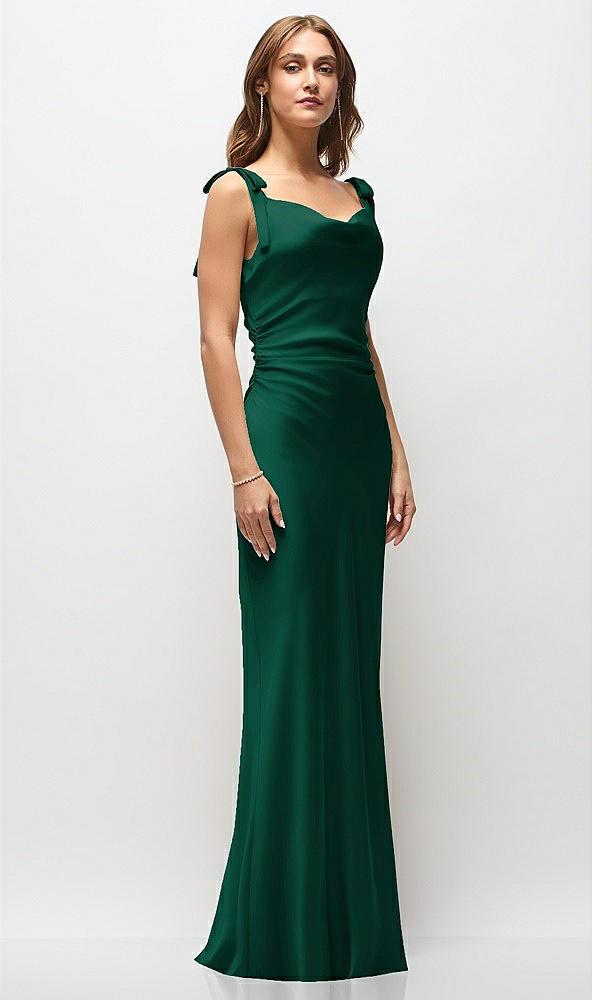 soft cowl neck ruched side satin bias maxi dress with shoulder bows