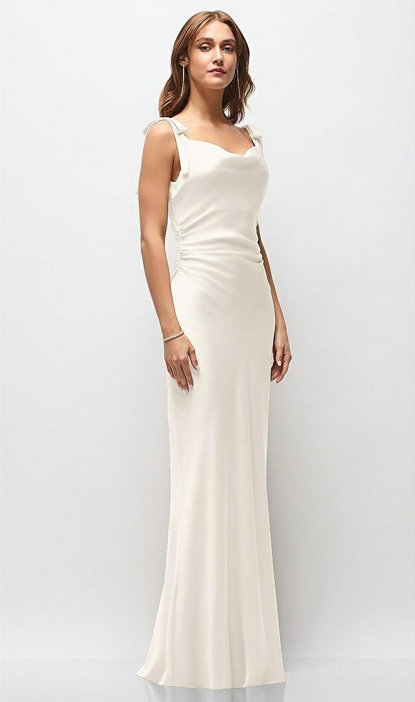 soft cowl neck ruched side satin bias maxi dress with shoulder bows