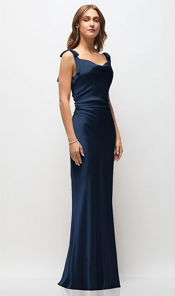 soft cowl neck ruched side satin bias maxi dress with shoulder bows