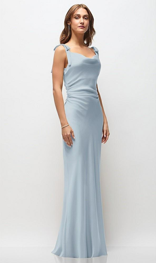 soft cowl neck ruched side satin bias maxi dress with shoulder bows