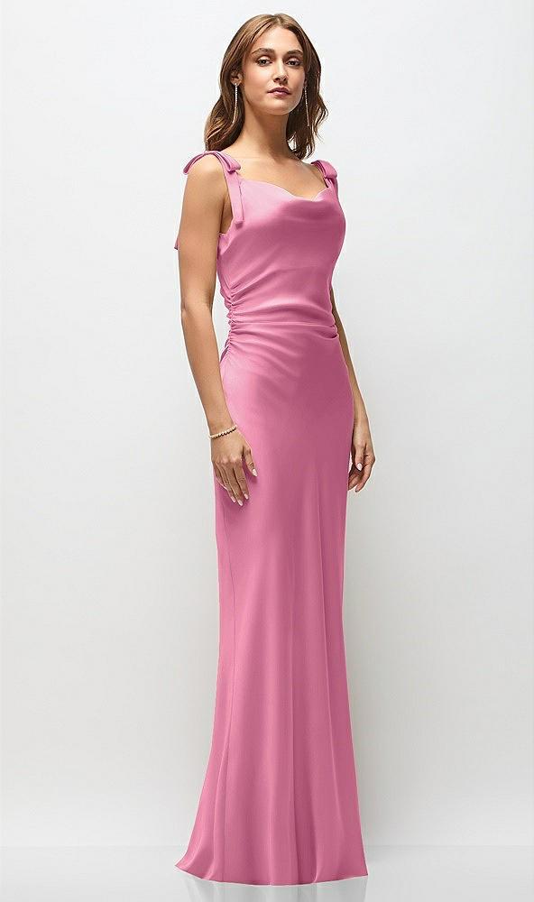soft cowl neck ruched side satin bias maxi dress with shoulder bows
