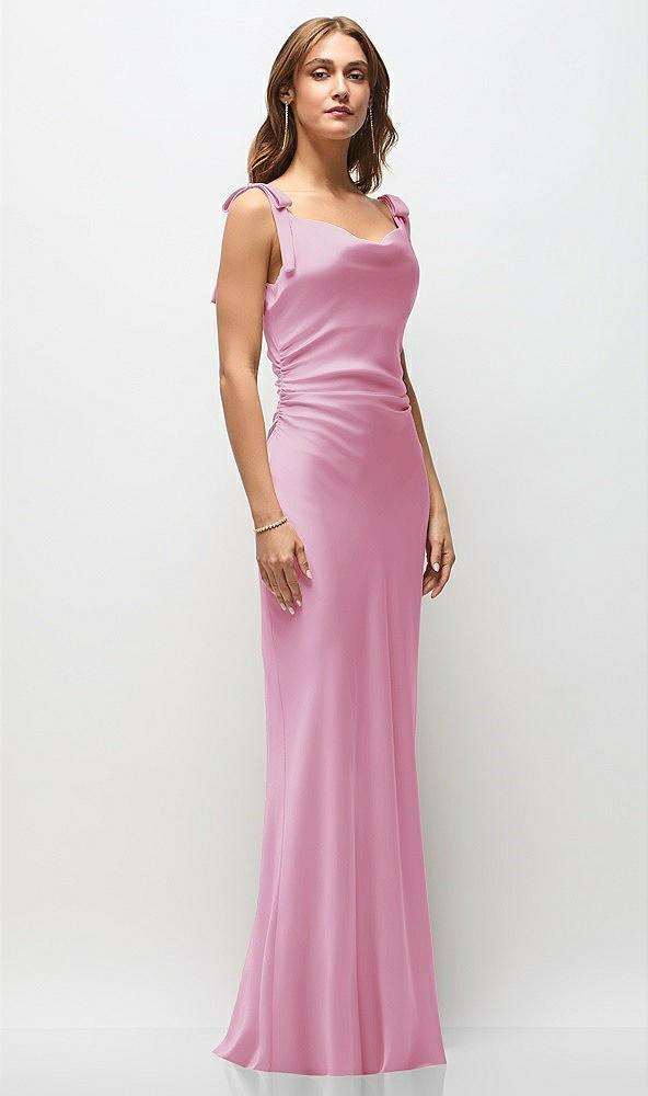 soft cowl neck ruched side satin bias maxi dress with shoulder bows
