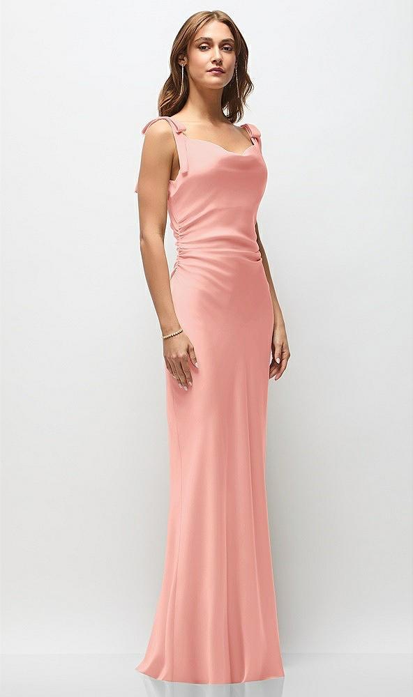 soft cowl neck ruched side satin bias maxi dress with shoulder bows