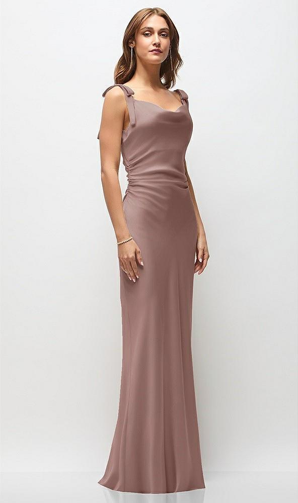 soft cowl neck ruched side satin bias maxi dress with shoulder bows