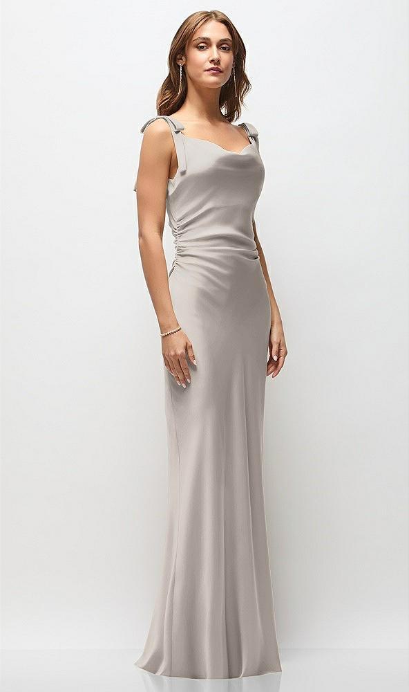 soft cowl neck ruched side satin bias maxi dress with shoulder bows