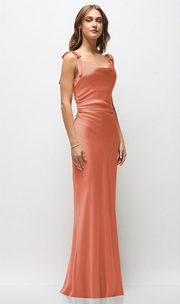 soft cowl neck ruched side satin bias maxi dress with shoulder bows