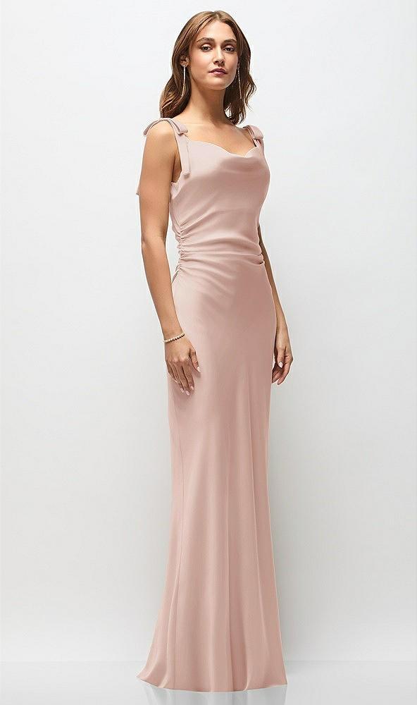 soft cowl neck ruched side satin bias maxi dress with shoulder bows