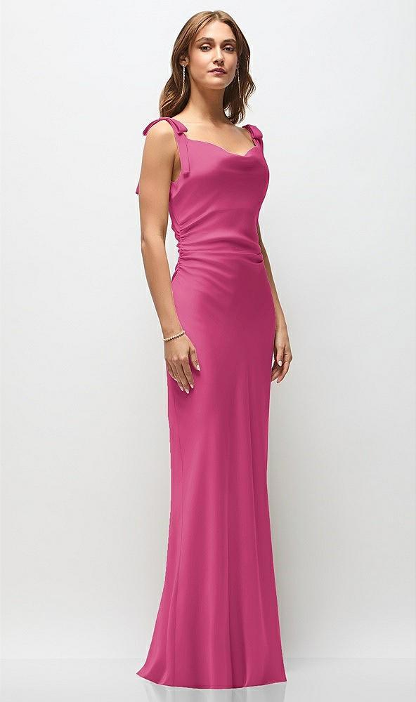 soft cowl neck ruched side satin bias maxi dress with shoulder bows