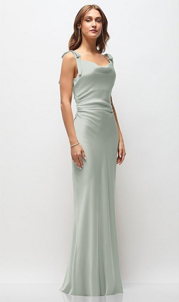 soft cowl neck ruched side satin bias maxi dress with shoulder bows