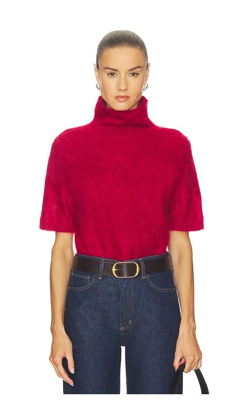 soft goat brushed short sleeve turtleneck in red.