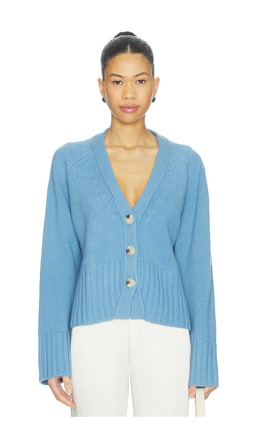 soft goat v-neck cardigan in blue.